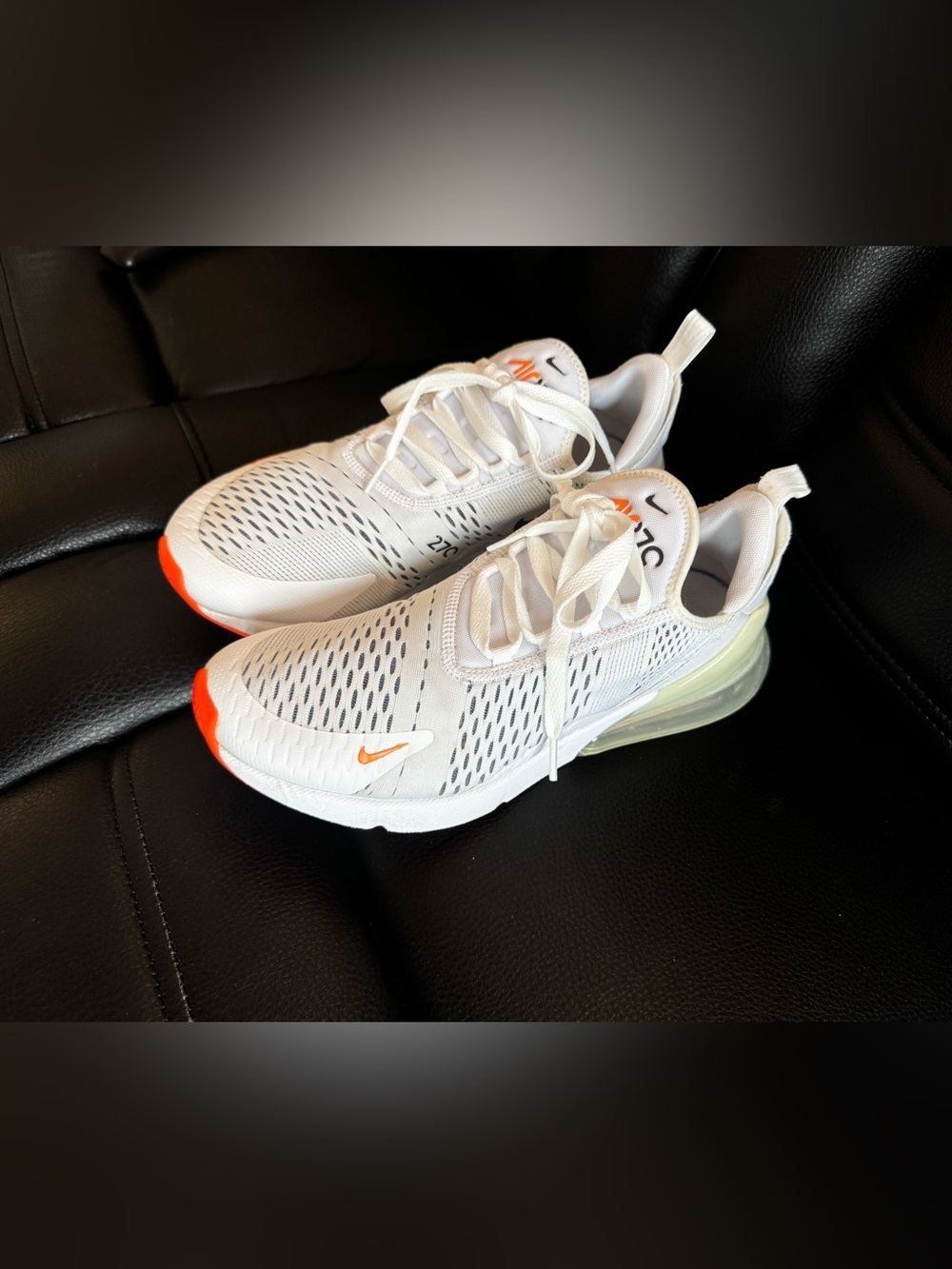 Nike White Athletic Sneakers with Orange Accents and Pale Green Air Heel